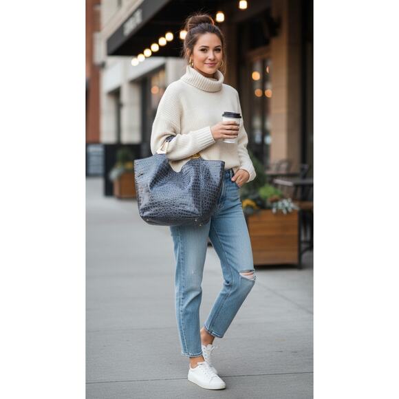 Braciano Gray Patent Croc-Embossed Tote Bag Gold Hardware | Large Glam Carryall - Picture 3 of 13